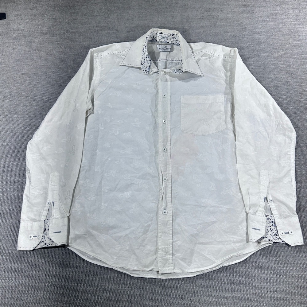 Bugatchi Uomo Button Down Mens M White Good Butterfly Jacquard Shaped Fit Long
